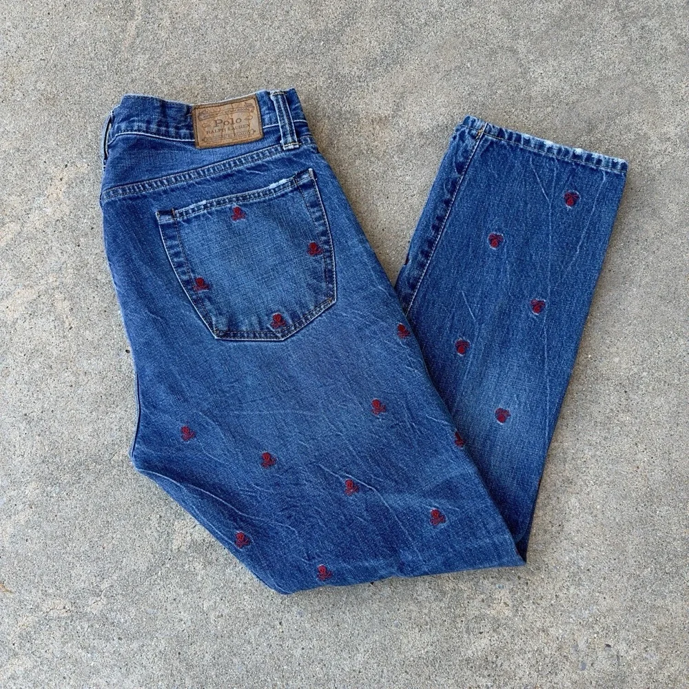 Polo‎ Ralph Lauren Blue Sullivan Slim Skull Crossbones Embroidered Jeans - 34x30